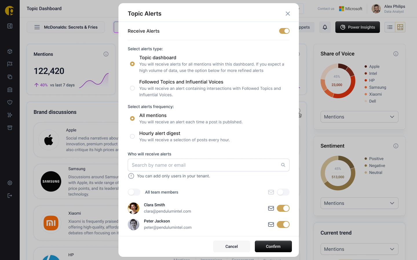 Set up Alerts in the Pendulum Intelligence platform