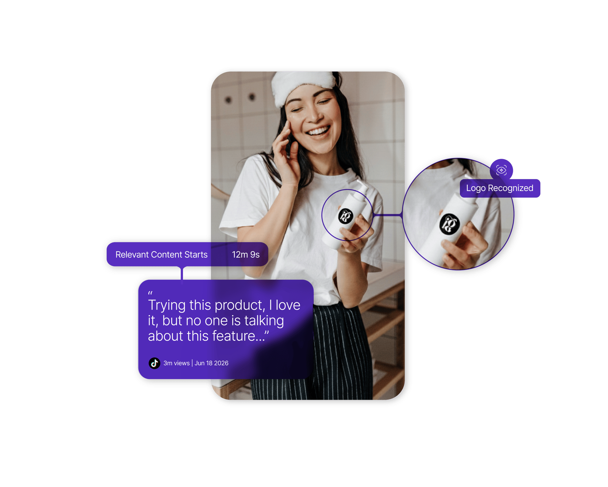 A social media post of a woman looking at a bottle of lotion, with the text 