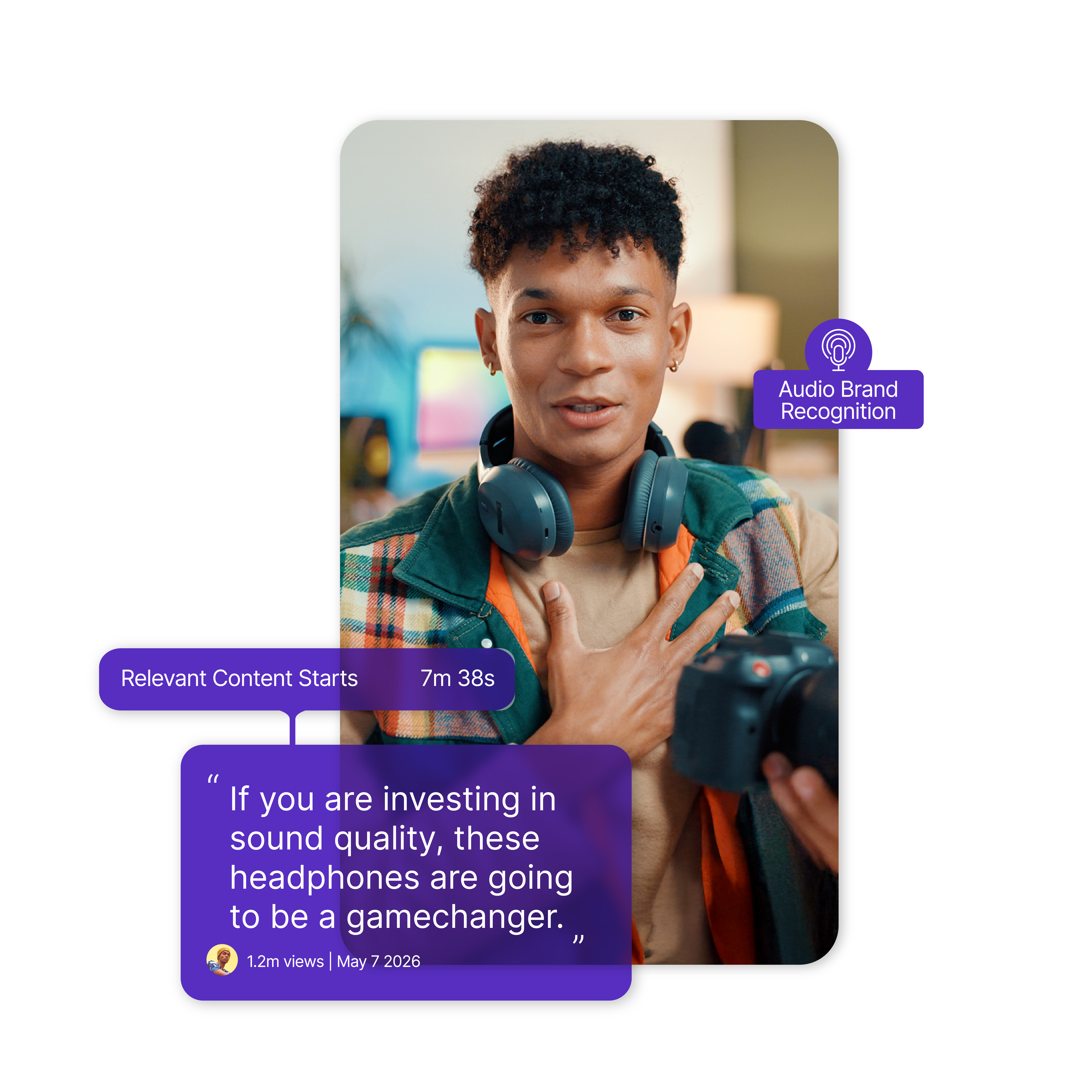 A social media post of a man wearing headphones and holding a camera, with the text 