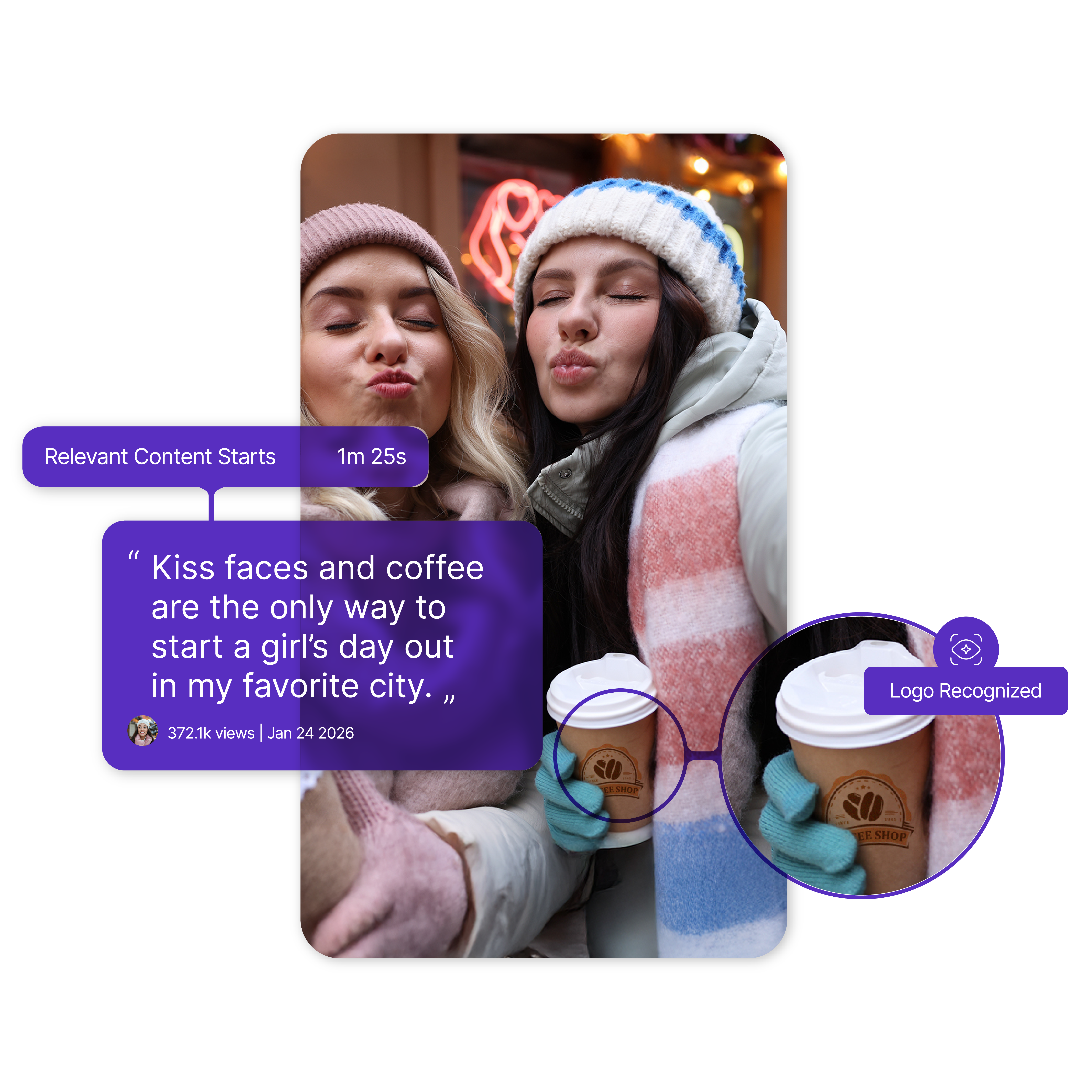 A social media post of two girls making kiss faces at the camera and holding coffee with the text 
